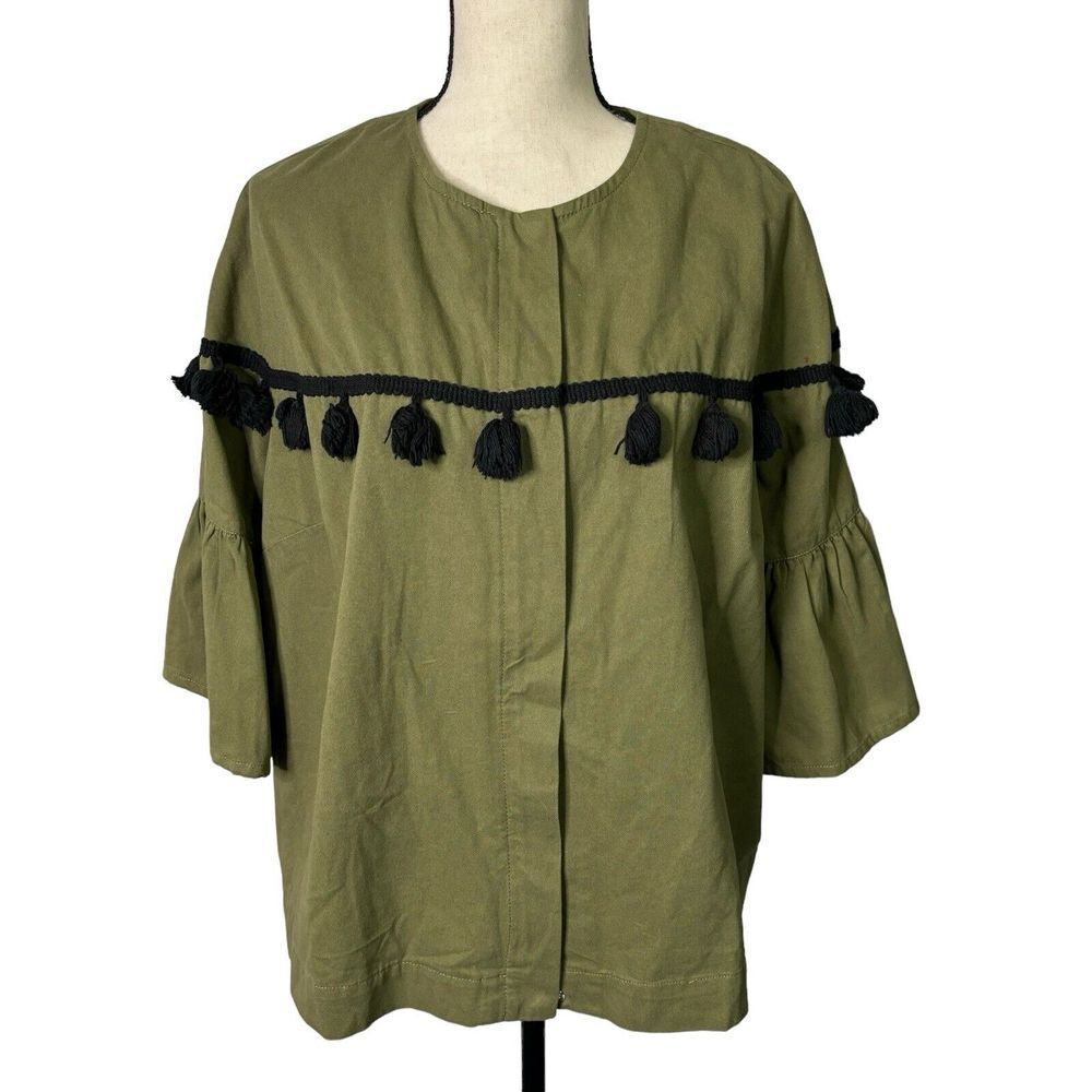Simply Be Jacket Women Size 18 Olive Green Cropped Black Tassel Trim Lightweight